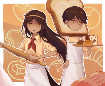Rule 34 | 1boy, 1girl, apron, biscuit (omori), brother and sister, brown eyes, brown hair, closed mouth, collared shirt, commentary request, dark-skinned female, dark-skinned male, dark skin, doughie (omori), hand on own hip, highres, holding, holding rolling pin, holding tray, long hair, looking at viewer, omori, parted lips, rolling pin, segue5o, shirt, short hair, short sleeves, siblings, tray, white apron