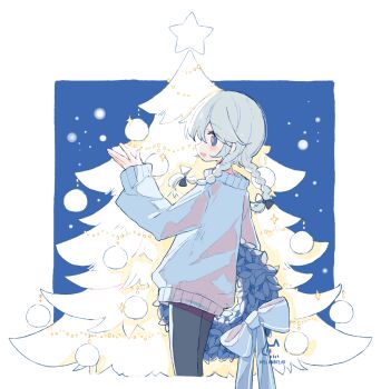 1girl artist_name black_pants blue_background blue_eyes blue_sweater border bow braid christmas_ornaments christmas_tree christmas_wreath commentary cowboy_shot english_commentary from_behind hair_bow hand_up highres long_hair long_sleeves melanbread open_mouth original pants smile solo sweater twin_braids white_border wreath