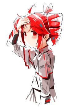 1girl ahoge blush blush_stickers closed_mouth dot_mouth drill_hair from_side grey_jacket grey_skirt hand_in_own_hair highres jacket kasane_teto kasane_teto_(sv) looking_at_viewer mp777b red_eyes red_hair simple_background skirt solo synthesizer_v twin_drills twintails upper_body utau