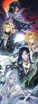 5boys absurdres alkaid_mcgrath aqua_eyes aqua_gem ayn_alwyn backless_outfit bandaged_wings bangle bare_tree black_bandages black_cape black_gloves black_hair black_robe black_sash blonde_hair blue_eyes blue_gem blue_hair blue_wings book bracelet bracer braid butterfly_wings cael_anselm cape chain_belt circlet clarence_clayden closed_mouth collar collarbone colored_inner_hair crossed_bangs curtained_hair day diamond_hair_ornament ear_covers ear_piercing earrings expressionless eyes_visible_through_hair fairy fairy_wings gem gloves gold_earrings gold_necklace green_eyes green_gem green_hair green_wings grey_gloves grey_robe hair_between_eyes hair_over_shoulder highres holding holding_book insect_wings jewelry lars_rorschach light_particles ling_ye_shufulei long_bangs long_hair long_hair_between_eyes long_sleeves looking_at_viewer looking_back lovebrush_chronicles male_focus medium_hair mini_person mole mole_under_eye moon multicolored_hair multiple_boys multiple_necklaces necklace night open_book open_clothes open_robe parted_lips pectorals piercing plunging_neckline pointy_ears profile purple_eyes purple_wings red_eyes red_moon red_sky ring_piercing robe runes sash side_braid sideways_glance silver_collar silver_necklace single_bare_shoulder single_braid single_earring single_off_shoulder sky smile stained_glass_print swept_bangs teardrop_earrings tree upper_body very_long_hair waist_sash wavy_hair white_hair white_robe white_wings wing_earrings wings