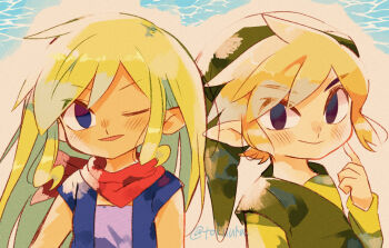 Rule 34 | 1boy, 1girl, artist name, bandana, bandana around neck, blue vest, closed mouth, commentary request, green hat, green tunic, hair down, hat, highres, link, long hair, long sleeves, looking at viewer, nintendo, one eye closed, open mouth, pointy ears, purple shirt, red bandana, shirt, short hair, smile, tetra, the legend of zelda, the legend of zelda: the wind waker, tokuura, toon link, tunic, twitter username, vest