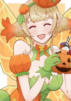 1girl bare_shoulders blonde_hair breasts cleavage closed_eyes dress facing_viewer fire_emblem fire_emblem_heroes halloween_costume highres jack-o&#039;-lantern medium_breasts nintendo official_alternate_costume open_mouth peony_(fire_emblem) peony_(fruitful_dream)_(fire_emblem) pointy_ears solo strixinkagoshim upper_body