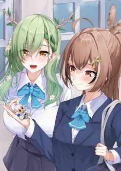 2girls absurdres ahoge antlers bag black_bag black_hair black_skirt blue_bow blue_bowtie bow bowtie braid brown_eyes ceres_fauna character_doll closed_mouth collared_shirt doll feather_hair_ornament feathers flower green_hair grey_hair hair_flower hair_ornament highres hololive hololive_english horns ilie_ilie letter_hair_ornament long_hair mole mole_under_eye multicolored_hair multiple_girls nanashi_mumei open_mouth pleated_skirt school_bag shirt skirt tsukumo_sana virtual_youtuber white_flower white_shirt