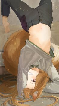 1girl :d absurdres animal_ear_fluff animal_ears arched_back barefoot bed bedroom black_pants blush breasts brown_eyes brown_hair clip_studio_paint_(medium) clothes_lift commentary covering_one_eye duang_(user_tsag8258) grey_panties grey_shirt grin headstand highres holo light_blush light_particles long_hair long_sleeves looking_at_viewer loose_hair_strand messy_hair midriff naughty_face navel no_bra open_mouth panties pants panty_peek parted_lips shirt shirt_lift small_breasts smile soles solo spice_and_wolf spread_legs tail tiptoes unbuttoned unbuttoned_pants underboob underwear upside-down v-shaped_eyebrows wolf_ears wolf_girl wolf_tail