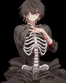 1boy bad_id bad_pixiv_id black_background black_hair black_pants black_shirt bleeding blonde_hair blood blood_on_clothes bloody_tears body_horror bone clothes_lift cuts hair_between_eyes hand_up heterochromia highres hip_bones injury jacket long_sleeves looking_at_viewer male_focus meremero multicolored_hair open_mouth pants ribs scar scar_on_face self-harm self-harm_scar shirt shirt_lift short_hair sitting skeleton slow_damage smile solo spine towa_(slow_damage) unworn_jacket wrist_cutting yellow_eyes