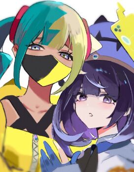 2girls aqua_hair bandeau black_mask blonde_hair blue_eyes blue_gloves blue_hat canari_(pokemon) collarbone dark-skinned_female dark_skin gen_4_pokemon gloves gwynn_(pokemon) hat highres looking_at_viewer mask mouth_mask multicolored_hair multiple_girls nintendo partially_fingerless_gloves pokemon pokemon_legends:_z-a purple_eyes purple_hair ringosan2329 rotom rotom_phone short_hair two-tone_hair two-tone_mask upper_body yellow_bandeau yellow_mask