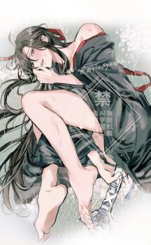 1boy ahoge anal anal_object_insertion androgynous ass bare_legs bare_shoulders barefoot bichen_sword bishounen black_hair black_hanfu blush borrowed_weapon chinese_clothes cum cum_in_ass cum_on_body cum_on_male eirinayaeba feet grass grey_eyes hair_down hair_ribbon half_updo hanfu holding holding_sword holding_weapon jian_(weapon) long_hair looking_at_viewer lying male_focus male_masturbation masturbation modao_zushi object_insertion off_shoulder official_alternate_hairstyle on_grass on_side open_clothes open_mouth open_robe red_ribbon ribbon robe saliva sheath sheathed sidelocks smile solo sweat sword sword_tassel tassel toes trap twitter_username very_long_hair watermark weapon wei_wuxian wei_wuxian_(yiling_laozu) wide_sleeves yaoi