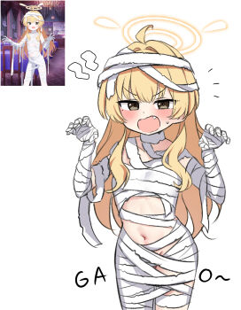 1girl absurdres ahoge bandaged_arm bandaged_head bandaged_leg bandages blonde_hair blue_archive blush brown_eyes claw_pose commentary_request cowboy_shot fang flat_chest halo highres long_hair looking_at_viewer mochitsuki_karen mummy_costume naked_bandage navel open_mouth reference_inset white_background yellow_halo yoshimi_(blue_archive) yoshimi_(halloween)_(blue_archive)