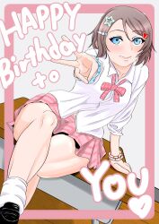 Rule 34 | 1girl, blue eyes, blush, brown hair, gyaru, highres, looking at viewer, loose socks, love live!, love live! sunshine!!, necktie, short hair, silly ass, simple background, smile, socks, solo, thighs, watanabe you, wavy hair