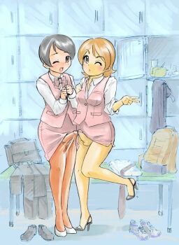 2boys blush crossdressing crossdressing_(mtf) erection locker locker_room makeup male_focus multiple_boys nylons one_eye_closed pantyhose penis penises_touching wink