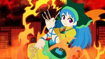 1girl animal_realm_(touhou) apron artist_name black_background blue_hair chisel cityscape commentary cowboy_shot dated dress english_commentary flat_color green_apron green_headscarf green_scarf haniyasushin_keiki headscarf highres holding holding_chisel holding_knife holding_tool jakeiartwork jewelry knife looking_at_viewer magatama magatama_necklace necklace no_lineart pink_eyes red_background scarf single_strap smile solo tools touhou wood_carving_knife yellow_dress