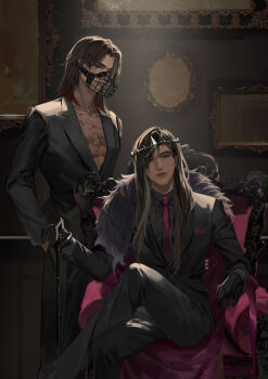 2boys abs alternate_costume arm_rest armchair black_gloves black_hair black_jacket black_pants black_shirt black_suit cane cape chair chinese_commentary closed_mouth collarbone collared_shirt colored_inner_hair cookie_run cookie_run:_kingdom crossed_legs crown curtained_hair dark-skinned_male dark_cacao_cookie dark_choco_cookie dark_skin expressionless father_and_son feet_out_of_frame formal_clothes fur-trimmed_cape fur_trim gloves hand_in_pocket highres holding holding_cane humanization indoors jacket jewelry lapels lin_yueran_shi_hao_chazi lips long_hair long_sleeves looking_at_viewer male_focus medium_hair multicolored_hair multiple_boys muzzle_(mask) necklace necktie no_shirt notched_lapels one_eye_closed pants parted_bangs picture_frame pocket_square pointed_crown purple_cape purple_eyes purple_necktie red_eyes red_hair riviere_(necklace) scar scar_across_eye scar_on_face shawl_lapels shirt sideways_glance spotlight standing straight-on suit suit_jacket swept_bangs