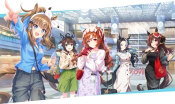 5girls ahoge airport almond_eye_(umamusume) animal_ears backpack bad_link bag belt black_bag black_hair blue_eyes blue_shirt blush bow braid braided_hair_rings breasts brown_hair closed_mouth coat collarbone colored_inner_hair daring_tact_(umamusume) denim dress ear_covers gentildonna_(umamusume) hair_between_eyes hair_ornament hair_rings hairband hairclip highres hokkaido holding holding_bag horse_ears horse_girl horse_tail jacket jeans jewelry large_breasts long_hair long_sleeves looking_at_viewer medium_breasts mejiro_ramonu_(umamusume) mole mole_under_eye multicolored_hair multiple_girls necklace official_art open_clothes open_mouth open_shirt pants ponytail purple_eyes real_world_location red_eyes ribbon rolling_suitcase shirt shorts shoulder_bag sleeveless sleeveless_coat small_breasts smile star_(symbol) star_hair_ornament still_in_love_(umamusume) streaked_hair suitcase tail triple_tiara_(umamusume) umamusume veil white_belt white_coat white_dress white_hair