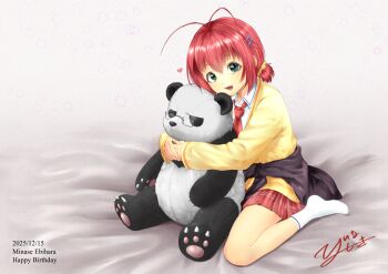 1girl 2025 :d antenna_hair bed_sheet blush bra-ban! character_name clothes_around_waist collared_shirt commentary_request dated ebihara_minase full_body green_eyes grey_background hair_between_eyes hair_ornament hair_scrunchie hairclip happy happy_birthday heart highres jacket looking_at_viewer miniskirt necktie no_shoes open_clothes open_jacket open_mouth parallel_hairclips paw_print plaid_clothes plaid_skirt pleated_skirt red_hair red_necktie red_skirt school_uniform scrunchie shina_ysk shirt short_hair short_twintails signature simple_background sitting skirt sleeves_past_wrists smile socks solo stuffed_animal stuffed_panda stuffed_toy tareme teddy_bear teeth twintails wariza white_shirt white_socks yellow_jacket yellow_scrunchie