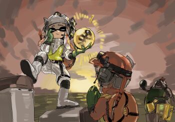1girl 1other ambiguous_gender artist_name big_shot_(splatoon) boots closed_eyes closed_mouth cloud dray_(meerkat_dray) earpiece egg eyebrow_cut gloves glowing golden_egg_(splatoon) green_gloves hand_on_own_cheek hand_on_own_face hands_up headlamp helmet high-visibility_clothing high-visibility_vest highres holding holding_egg inkling inkling_girl inkling_player_character jumpsuit leg_up lifebuoy long_sleeves nintendo ocean orange_hair orange_helmet orange_jumpsuit orange_sky outdoors pointy_ears raised_eyebrows salmon_run_(splatoon) sidelocks signature sky splatoon_(series) splatoon_3 sun sunset swim_ring tentacle_hair tentacles white_boots white_helmet white_jumpsuit