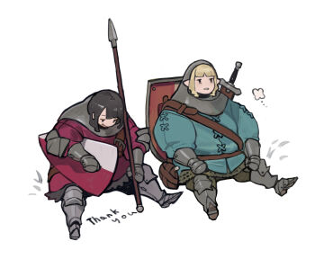 2girls :p armored_boots bags_under_eyes belt black_eyes black_hair blonde_hair blue_jacket boots brown_belt canteen carrying carrying_under_arm closed_mouth commentary_request couter english_text exhausted fat fat_woman full_body gauntlets gorget green_pants grey_skirt head_down holding holding_polearm holding_weapon jacket long_sleeves looking_ahead looking_down multiple_girls nanora open_mouth original pants pointy_ears polearm poleyn red_jacket scabbard sheath shield shield_on_back short_hair shoulder_belt side-by-side sidelocks simple_background sitting skirt spear spread_legs swept_bangs sword sword_on_back tongue tongue_out weapon weapon_on_back white_background writing