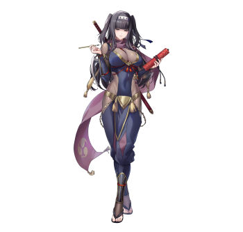 1girl absurdres arm_blade black_hair black_scarf bodystocking bodysuit breasts calligraphy_brush cleavage covered_navel feet fire_emblem fire_emblem_awakening fire_emblem_heroes fishnet_bodystocking fishnets foot_out_of_frame headband highres japanese_clothes large_breasts light_smile long_hair looking_at_viewer navel ninja nintendo official_alternate_costume official_art paintbrush sandals scarf scroll solo sword sword_on_back tachi-e tassel tharja_(fire_emblem) tharja_(ninja)_(fire_emblem) toenails toes two_side_up weapon weapon_on_back