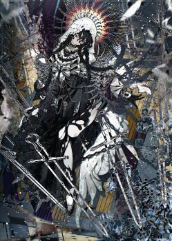 Rule 34 | abstract, abstract background, black dress, black gloves, bow, braid, chain, choker, color contrast, commentary request, dress, feathers, floating, gloves, grass, halo, halo behind head, highres, inverted colors, light particles, long hair, looking at viewer, multiple braids, nun, original, pillar, red eyes, shiba (s hi ba ), spiked sleeves, summoned swords, surrounded by weapons, sword, torn clothes, very long hair, wavy hair, weapon, white bow, white hood