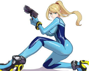 1girl absurdres amausa_subee blonde_hair blue_bodysuit blue_eyes bodysuit breasts closed_mouth full_body green_eyes gun handgun high_ponytail highres holding holding_gun holding_weapon large_breasts long_hair long_legs looking_at_viewer metroid mole mole_under_mouth nintendo on_one_knee ponytail samus_aran simple_background skin_tight smile solo super_smash_bros. thighs weapon white_background zero_suit