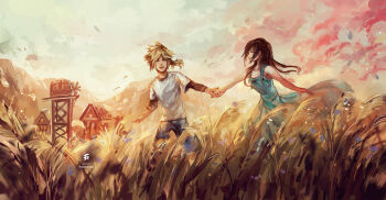 1boy 1girl aged_down black_hair blonde_hair casual cloud_strife dress field final_fantasy final_fantasy_vii fiveonthe flashback friends happy highres holding_hands house long_hair nibelheim ponytail sleeveless sleeveless_dress spiked_hair sunlight tifa_lockhart wheat_field windmill