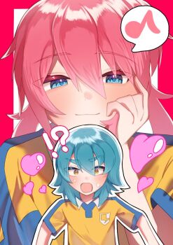 Rule 34 | !?, 25257 neko, 2boys, :o, androgynous, blue eyes, blue hair, blush, border, closed mouth, commentary request, doujinshi cover trope (trend), eighth note, flustered, hair between eyes, hand on own face, heart, inazuma eleven (series), inazuma eleven go, kariya masaki, kirino ranmaru, multiple boys, musical note, nervous sweating, open mouth, outline, pink hair, projected inset, raimon, raimon soccer uniform, red border, shirt, short sleeves, smile, soccer uniform, spoken musical note, sportswear, sweat, thick eyebrows, twintails, upper body, white outline, yaoi, yellow eyes, yellow shirt