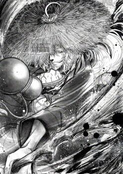 1boy ahoge beard chinese_clothes coat commentary_request facial_hair gourd greyscale hat highres holding holding_gourd holding_stick holding_weapon limbus_company long_hair long_sleeves male_focus mole monochrome mustache night_drifter_(project_moon) old old_man project_moon scarf slashing smile stick straw_hat torn_clothes torn_hat vtvsqazjjguhfrd weapon white_hair