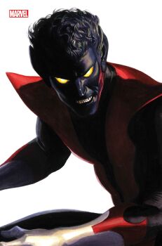 1boy absurdres alex_ross black_bodysuit black_hair blue_skin bodysuit clenched_teeth colored_sclera colored_skin comic_cover company_name cover cover_page curly_hair dark_skin gloves highres looking_at_viewer male_focus marvel multicolored_bodysuit nightcrawler no_pupils official_art pointy_ears realistic red_bodysuit short_hair solo teeth upper_body very_dark_skin western_comics_(style) white_background white_gloves x-men yellow_sclera