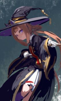 1girl animal_ears black_robe blush bow braid braided_hair_rings brown_hair commentary_request ear_covers hair_rings hat hat_with_ears highres horse_ears horse_girl horse_tail impressionism inishie_kumo long_hair looking_at_viewer purple_eyes robe solo sweep_tosho_(platanus_witch)_(umamusume) sweep_tosho_(umamusume) tail twintails umamusume witch_hat