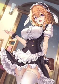 1girl aged_up alternate_breast_size_(larger) animal_ears apron arm_behind_back black_skirt black_vest blouse blurry blurry_background blush breasts buttons center_frills chair collared_shirt cowboy_shot day fake_animal_ears female_focus frilled_apron frilled_shirt frills gochuumon_wa_usagi_desu_ka? hair_between_eyes half-closed_eyes hand_up highres holding hoto_cocoa indoors ks_(xephyrks) large_breasts looking_at_viewer maid_headdress menu open_mouth orange_hair petticoat puffy_short_sleeves puffy_sleeves purple_eyes shirt short_hair short_sleeves skirt smile solo sunlight thighhighs thighs tongue vest waist_apron white_apron white_shirt white_thighhighs wrist_cuffs