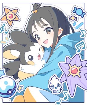 1girl 2o_oxo black_hair blue_hoodie blush candy colored_skin commentary_request cube_hair_ornament dive_ball earclip emolga food gem gen_1_pokemon gen_5_pokemon grey_eyes hair_ornament highres holding holding_pokemon hood hood_down hoodie ice_cream_cone jacket leggings lida_(pokemon) long_hair long_legs long_sleeves looking_at_viewer mega_pokemon mega_starmie musical_note nintendo one_eye_closed open_mouth orange_leggings poke_ball pokemon pokemon_(creature) pokemon_legends:_z-a purple_skin rare_candy red_gemstone smile star_(symbol) starfish starmie topknot two-tone_legwear vanillite white_leggings wings wispy_bangs