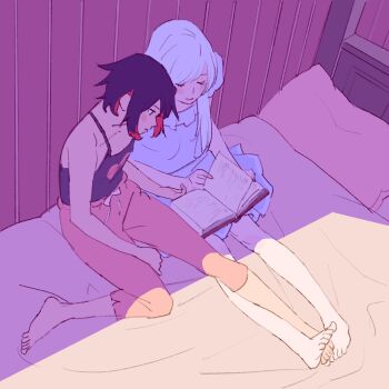 2girls 55bata6rou barefoot bed_sheet bedroom black_hair black_shirt book closed_eyes dress from_above full_body highres holding holding_book indoors leaning_on_person long_hair multicolored_hair multiple_girls on_bed open_book orange_pants pants pillow reading red_hair ruby_rose rwby shirt short_hair sitting slice_of_life smile weiss_schnee white_hair