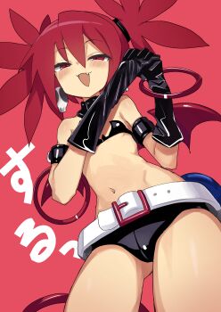 1girl :3 absurdres arm_strap bare_legs bare_shoulders belt belt_buckle black_choker black_gloves black_shorts black_tube_top blush buckle choker choppy_bangs commentary_request cover cover_page cowboy_shot demon_girl demon_tail demon_wings disgaea earrings elbow_gloves etna_(disgaea) fang flat_chest gloves hair_between_eyes hair_tie highres hoop jank365m jewelry latex latex_gloves loli looking_at_viewer makai_senki_disgaea micro_shorts navel open_mouth red_background red_eyes red_hair removing_glove shiny_skin short_hair short_twintails shorts skull_earrings slit_pupils smile solo standing stomach strapless tail thighs tube_top twintails white_belt wings