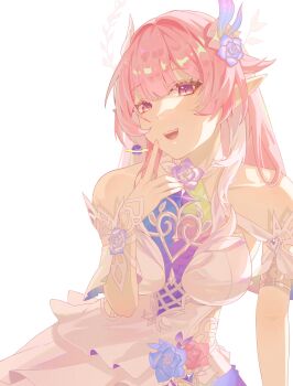 0429rian 1girl absurdres bare_shoulders breasts commentary cyrene_(demiurge)_(honkai:_star_rail) cyrene_(honkai:_star_rail) diamond-shaped_pupils diamond_(shape) dress earrings hair_ornament highres honkai:_star_rail honkai_(series) jewelry large_breasts long_hair looking_at_viewer open_mouth pink_hair pointy_ears purple_eyes simple_background smile solo symbol-only_commentary symbol-shaped_pupils very_long_hair white_background white_dress