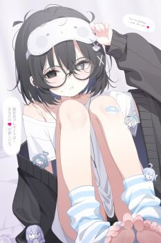 bandaid bandaid_on_leg black-framed_eyewear black_jacket black_panties chat_log chibi deyui earbuds earphones eyewear_on_head grey_background hair_ornament heterochromia highres jacket legs loose_socks off_shoulder original panties shirt short_hair sitting socks stella_sora t-shirt toes underwear x_hair_ornament