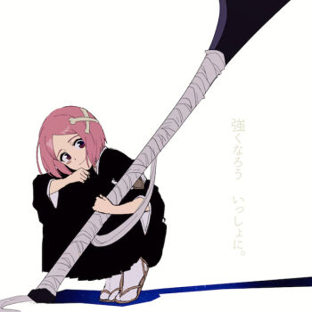 1girl bleach bleach:_sennen_kessen-hen bone_hair_ornament commentary_request hair_ornament holding holding_weapon huge_weapon kusajishi_yachiru nigatsumikka pink_hair purple_eyes sandals shihakusho short_hair smile socks solo squatting translation_request weapon white_socks