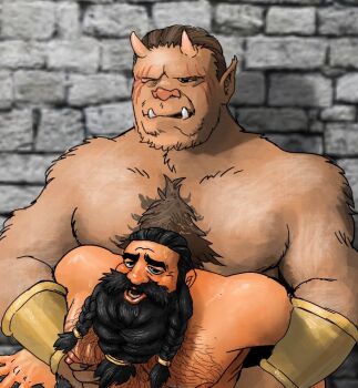2boys bara beard blush boar_boy body_fur brick_wall brown_hair couple dark-skinned_male dark_skin dungeon_meshi dwarf embearassing_art facial_hair hairy happy_sex interspecies long_beard male_focus monster_boy multiple_boys muscular muscular_male mustache nude orc out-of-frame_censoring paid_reward_available pointy_ears senshi_(dungeon_meshi) sex short_hair size_difference thick_chest_hair thick_mustache torogao tusks upper_body very_long_beard yaoi zon_(dungeon_meshi)