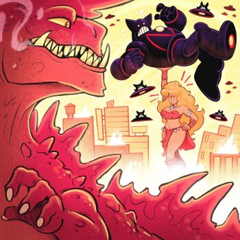 1girl battle black_metal bra breasts building claws commentary destruction english_commentary fire flying_saucer giant giant_monster giantess highres holding jewelry kaiju large_breasts lifting_object long_hair mecha monster monster_focus mostlyghostly necklace open_mouth original red_bra red_nails reptile reptilian robot scales sharp_teeth size_difference skull_necklace smile spacecraft spines teeth underwear