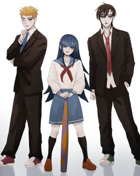 1girl 2boys adoptive_siblings balcony baseball_cap black_jacket black_socks blonde_hair blue_eyes blue_hair blue_necktie blue_skirt blunt_bangs boruto:_two_blue_vortex brother_and_sister brothers brown_shoes facial_mark green_shoes hat highres ifevilwhyuhot jacket kawaki_(boruto) kneehighs loafers long_hair long_sleeves loose_necktie medium_skirt multiple_boys naruto_(series) necktie one_eye_closed puffy_long_sleeves puffy_sleeves red_necktie red_shoes scar scar_across_eye scar_on_face school_uniform serafuku shirt shoes siblings skirt smile sneakers socks untucked_shirt uzumaki_boruto uzumaki_himawari whisker_markings