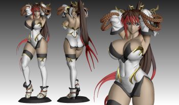 1girl 3d arms_behind_head ass bare_shoulders black_hair blue_eyes breasts curvy detached_sleeves dress hair_ornament high_ponytail huge_breasts model multicolored_hair multiple_views nanbu_kaguya no_panties ponytail red_hair smile strapless strapless_dress super_robot_wars super_robot_wars_og_saga_mugen_no_frontier thick_thighs thighhighs thighs white_footwear