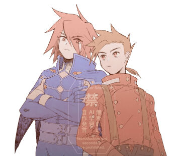 Rule 34 | belt, black pants, brown eyes, brown hair, cape, collared cape, crossed arms, dovepopopo, elbow gloves, fingerless gloves, gloves, hair between eyes, kratos aurion, leggings, lloyd irving, long sleeves, looking at another, medium hair, multiple belts, pants, purple belt, purple cape, purple gloves, purple leggings, purple shirt, red eyes, red gloves, red hair, red shirt, scarf, shirt, simple background, sleeveless, sleeveless shirt, suspenders, tales of (series), tales of symphonia, white background, white scarf