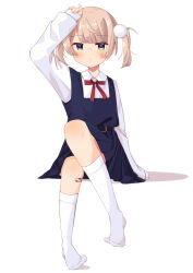 Rule 34 | 1girl, :o, absurdres, aged down, bandaid, bandaid on knee, bandaid on leg, belt, blue dress, blush, bow, bowtie, collared shirt, commentary, dress, dress shirt, full body, green eyes, hair ornament, hand up, highres, indie virtual youtuber, invisible chair, kneehighs, kurushiro1102, light brown hair, long sleeves, looking at viewer, no shoes, official alternate hairstyle, pinafore dress, pleated dress, pom pom (clothes), pom pom hair ornament, red bow, red bowtie, school uniform, shigure ui (vtuber), shigure ui (vtuber) (young), shirt, short hair, sitting, sleeveless, sleeveless dress, socks, solo, swept bangs, twintails, virtual youtuber, white shirt, white socks