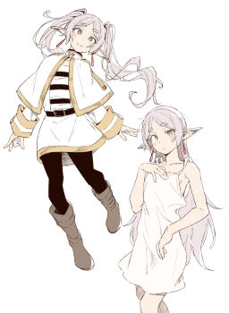 1girl belt black_belt black_pantyhose black_shirt blush boots brown_boots capelet closed_mouth collarbone dress earrings eitopondo elf floating_hair frieren gold_trim green_eyes grey_boots hair_down hand_on_own_chest hand_up highres jewelry light_frown long_hair long_sleeves looking_at_viewer multiple_views pantyhose parted_bangs pointy_ears shirt simple_background skirt smile sousou_no_frieren split_mouth striped_clothes striped_shirt tank_top teardrop_earrings twintails two_side_up white_background white_capelet white_dress white_hair white_shirt white_skirt white_tank_top white_wrist_cuffs wrist_cuffs