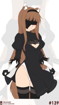 1girl 2b_(nier:automata) 2b_(nier:automata)_(cosplay) absurdres animal_ear_fluff animal_ears black_boots black_dress black_gloves black_hairband blindfold blunt_bangs boots brown_hair cleavage_cutout clothing_cutout commentary cosplay covered_eyes dress english_commentary fang gloves hairband highres holo leotard likunea long_hair nier:automata nier_(series) patreon_logo patreon_username red_eyes simple_background solo spice_and_wolf standing tail thigh_boots turtleneck turtleneck_dress twitter_username twitter_x_logo white_background white_leotard wolf_ears wolf_girl wolf_tail