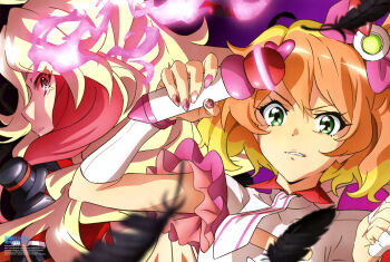 2girls absurdres anime_coloring artist_name black_feathers blonde_hair bow clenched_teeth copyright_name copyright_notice dual_persona falling_feathers feathers floating_neckwear freyja_wion frilled_sleeves frills gradient_background green_eyes hair_bow hair_ornament heart heart_hair_ornament highres holding holding_microphone long_hair looking_ahead looking_at_viewer looking_back macross macross_delta macross_delta:_zettai_live!!!!!! microphone multicolored_hair multiple_girls necktie newtype official_art orange_hair pink_bow pink_eyes pink_hair purple_background short_hair short_sleeves sideways_glance teeth third-party_source v-shaped_eyebrows white_necktie yamazaki_jun yami_freyja