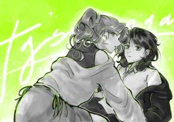 2girls bananana2217 collared_shirt copyright_name curly_hair dress_shirt earrings green_background greyscale_with_colored_background hashtag-only_commentary headphones headphones_around_neck highres hood hooded_jacket hoop_earrings jacket jewelry kininatteru_hito_ga_otoko_ja_nakatta koga_mitsuki long_hair looking_at_viewer mole mole_under_eye multiple_girls necktie off_shoulder oosawa_aya open_clothes open_jacket parted_lips ponytail reclining shirt short_hair skirt sleeveless sleeveless_shirt sparkle text_background yuri