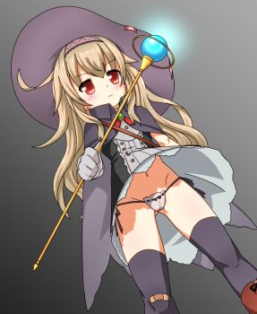 1girl bandaid bandaid_on_knee bandaid_on_leg blonde_hair cameltoe cloak crokase dress feet_out_of_frame female_focus gloves grey_background hat holding holding_staff little_witch_nobeta loli long_hair navel nobeta panties red_eyes side-tie_panties solo staff staff_(weapon) standing thighhighs thighs underwear upskirt witch_hat