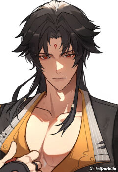 Rule 34 | 1boy, absurdres, baifenzhilin, black hair, black jacket, closed mouth, collarbone, commentary request, droopy ears, facial mark, forehead mark, hand up, highres, jacket, long hair, looking at viewer, male focus, muscular, muscular male, parted bangs, pectoral cleavage, pectorals, portrait, red eyes, simple background, solo, sweat, transformation, twitter username, white background, ye shiyuan, zenless zone zero