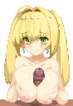 10s 1boy 1girl animated animated_gif blonde_hair blush breasts closed_eyes collarbone cum cum_on_body cum_on_breasts cum_on_upper_body earrings ejaculation erection facial fate/extra fate/grand_order fate_(series) green_eyes hetero huge_breasts jewelry kunabishi looking_at_viewer lowres nero_claudius_(fate) nero_claudius_(fate/extra) nero_claudius_(swimsuit_caster)_(fate) nipples paizuri penis pixel_art red_background tongue tongue_out topless_female twintails ugoira uncensored upper_body