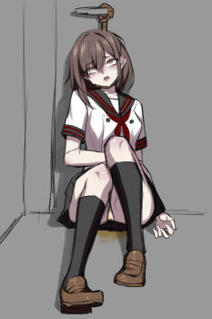 1girl artist_request asphyxiation bdsm breasts empty_eyes erotic_asphyxiation facing_viewer female_focus flat_chest full_body highres loli pale_skin panties peeing peril school_uniform serafuku small_breasts solo tagme thighhighs underwear upskirt wet wet_clothes wet_panties