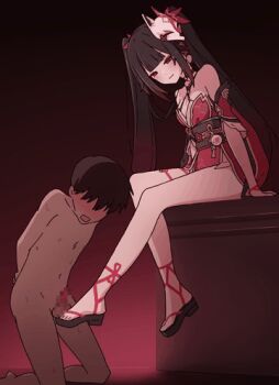 1boy 1girl age_difference animated animated_gif ball_busting bare_legs bare_shoulders bdsm black_choker black_sash brown_hair cbt censored choker clothed_female_nude_male commission crotch_kick detached_sleeves dress femdom footjob fox_mask honkai:_star_rail honkai_(series) japanese_clothes kagamine_594 kicking kneeling long_hair lowres mask mask_on_head masochism mosaic_censoring naughty_face nude onee-shota paid_reward_available pain penis red_dress red_eyes red_sleeves sash shota skeb_commission smile smug sparkle_(honkai:_star_rail) testicles trembling twintails violence